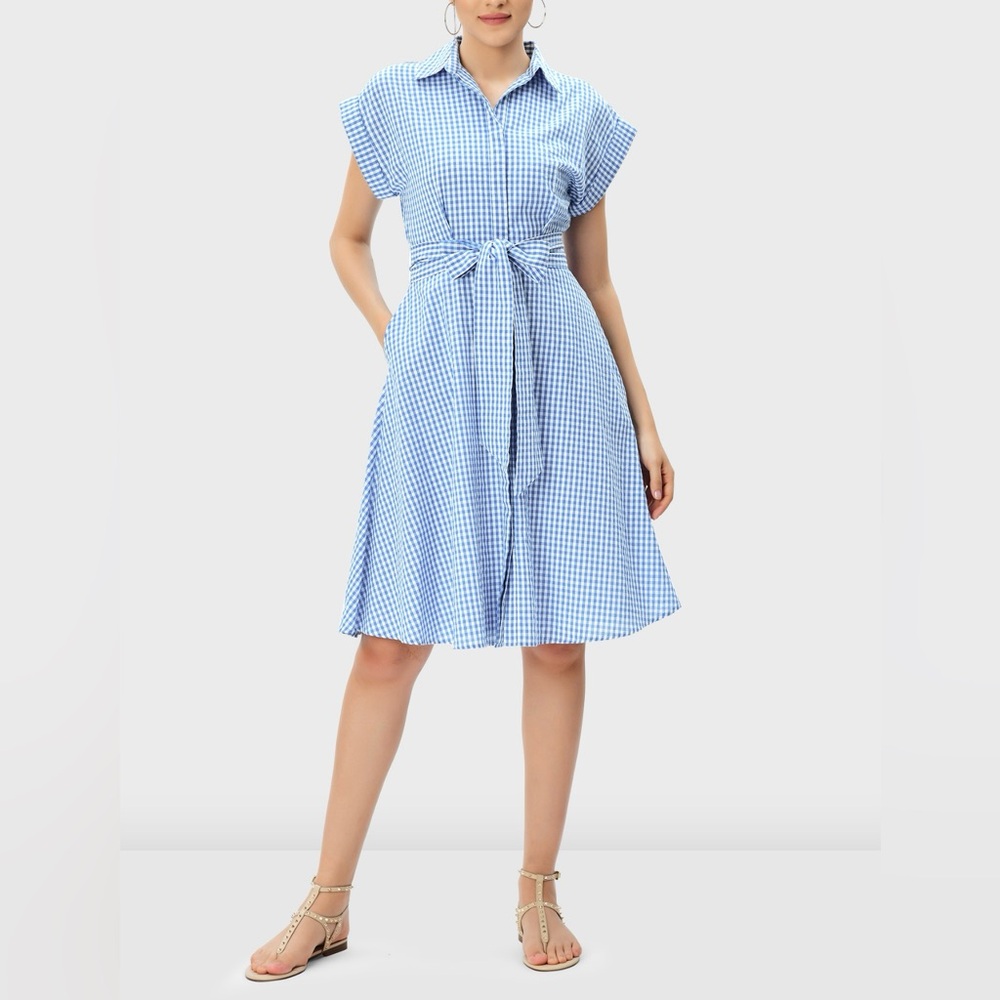 eShakti Cotton Seersucker Check Shirt Dress Tie Waist Size S (4)